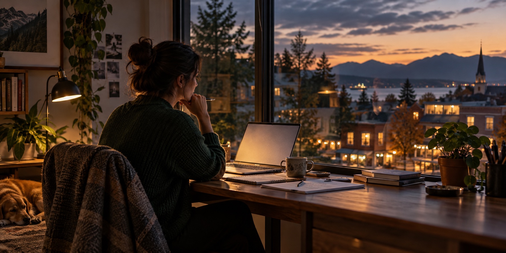 A person at a desk at dusk, overlooking a town